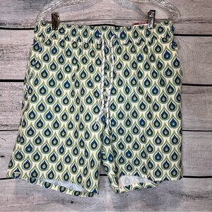 George Swim Trunks White Blue Green Teardrop Print Peacock UPF 50+ Quick Dry M
